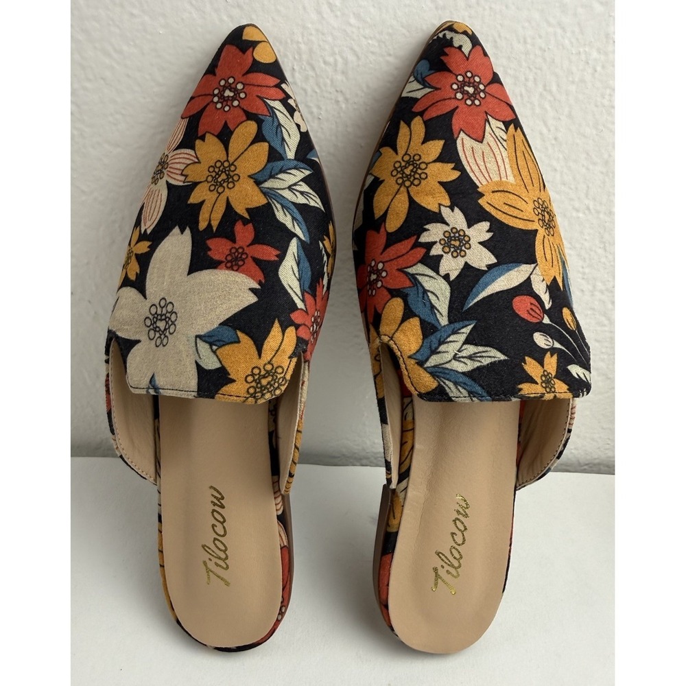 Tilocow-Women's, Floral Pattern, Pointed Toe, Flat, Slip On, Loafer, Mules. Sz-6